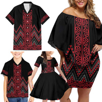 Red Aotearoa Mangopare Kowhaiwhai and Niho Taniwha Family Matching Off Shoulder Short Dress and Hawaiian Shirt Maori New Zealand LT14 - Polynesian Pride