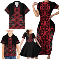 Red Aotearoa Mangopare Kowhaiwhai and Niho Taniwha Family Matching Short Sleeve Bodycon Dress and Hawaiian Shirt Maori New Zealand LT14 - Polynesian Pride