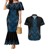 Blue Aotearoa Mangopare Kowhaiwhai and Niho Taniwha Couples Matching Mermaid Dress and Hawaiian Shirt Maori New Zealand LT14 Blue - Polynesian Pride