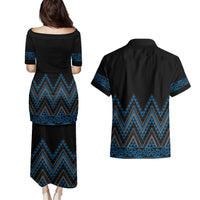 Blue Aotearoa Mangopare Kowhaiwhai and Niho Taniwha Couples Matching Puletasi and Hawaiian Shirt Maori New Zealand LT14 - Polynesian Pride