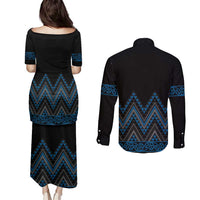 Blue Aotearoa Mangopare Kowhaiwhai and Niho Taniwha Couples Matching Puletasi and Long Sleeve Button Shirt Maori New Zealand LT14 - Polynesian Pride