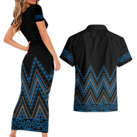 Blue Aotearoa Mangopare Kowhaiwhai and Niho Taniwha Couples Matching Short Sleeve Bodycon Dress and Hawaiian Shirt Maori New Zealand LT14 - Polynesian Pride