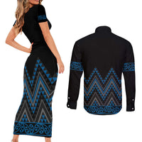 Blue Aotearoa Mangopare Kowhaiwhai and Niho Taniwha Couples Matching Short Sleeve Bodycon Dress and Long Sleeve Button Shirt Maori New Zealand LT14 - Polynesian Pride