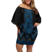 Blue Aotearoa Mangopare Kowhaiwhai and Niho Taniwha Family Matching Off Shoulder Short Dress and Hawaiian Shirt Maori New Zealand LT14 Mom's Dress Blue - Polynesian Pride
