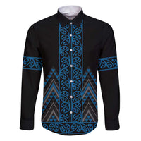 Blue Aotearoa Mangopare Kowhaiwhai and Niho Taniwha Family Matching Puletasi and Hawaiian Shirt Maori New Zealand LT14 Dad's Shirt - Long Sleeve Blue - Polynesian Pride