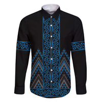 Blue Aotearoa Mangopare Kowhaiwhai and Niho Taniwha Family Matching Summer Maxi Dress and Hawaiian Shirt Maori New Zealand LT14 Dad's Shirt - Long Sleeve Blue - Polynesian Pride