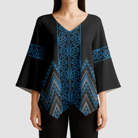 Blue Aotearoa Mangopare Kowhaiwhai Niho Taniwha Kimono Sleeve Blouse Maori New Zealand LT14 - Polynesian Pride