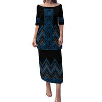 Blue Aotearoa Mangopare Kowhaiwhai and Niho Taniwha Puletasi Maori New Zealand LT14 Long Dress Blue - Polynesian Pride