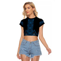Blue Aotearoa Mangopare Kowhaiwhai and Niho Taniwha Raglan Cropped T Shirt Maori New Zealand LT14 Female Blue - Polynesian Pride