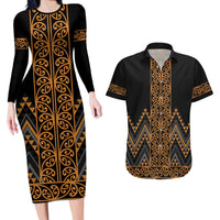 Gold Aotearoa Mangopare Kowhaiwhai and Niho Taniwha Couples Matching Long Sleeve Bodycon Dress and Hawaiian Shirt Maori New Zealand LT14 Gold - Polynesian Pride