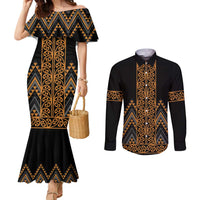 Gold Aotearoa Mangopare Kowhaiwhai and Niho Taniwha Couples Matching Mermaid Dress and Long Sleeve Button Shirt Maori New Zealand LT14 Gold - Polynesian Pride