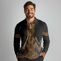 Gold Aotearoa Mangopare Kowhaiwhai and Niho Taniwha Long Sleeve Polo Shirt Maori New Zealand LT14 - Polynesian Pride