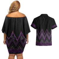 Purple Aotearoa Mangopare Kowhaiwhai and Niho Taniwha Couples Matching Off Shoulder Short Dress and Hawaiian Shirt Maori New Zealand LT14 - Polynesian Pride