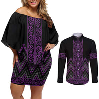 Purple Aotearoa Mangopare Kowhaiwhai and Niho Taniwha Couples Matching Off Shoulder Short Dress and Long Sleeve Button Shirt Maori New Zealand LT14 Purple - Polynesian Pride