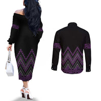 Purple Aotearoa Mangopare Kowhaiwhai and Niho Taniwha Couples Matching Off The Shoulder Long Sleeve Dress and Long Sleeve Button Shirt Maori New Zealand LT14 - Polynesian Pride