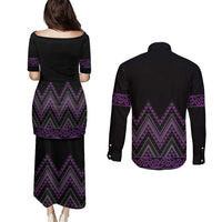 Purple Aotearoa Mangopare Kowhaiwhai and Niho Taniwha Couples Matching Puletasi and Long Sleeve Button Shirt Maori New Zealand LT14 - Polynesian Pride