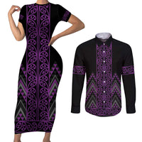 Purple Aotearoa Mangopare Kowhaiwhai and Niho Taniwha Couples Matching Short Sleeve Bodycon Dress and Long Sleeve Button Shirt Maori New Zealand LT14 Purple - Polynesian Pride