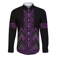 Purple Aotearoa Mangopare Kowhaiwhai and Niho Taniwha Family Matching Puletasi and Hawaiian Shirt Maori New Zealand LT14 Dad's Shirt - Long Sleeve Purple - Polynesian Pride