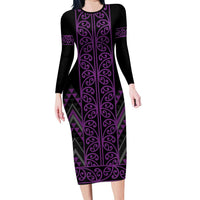 Purple Aotearoa Mangopare Kowhaiwhai and Niho Taniwha Long Sleeve Bodycon Dress Maori New Zealand LT14 Long Dress Purple - Polynesian Pride