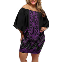Purple Aotearoa Mangopare Kowhaiwhai and Niho Taniwha Off Shoulder Short Dress Maori New Zealand LT14 Women Purple - Polynesian Pride