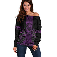 Purple Aotearoa Mangopare Kowhaiwhai and Niho Taniwha Off Shoulder Sweater Maori New Zealand LT14 Women Purple - Polynesian Pride