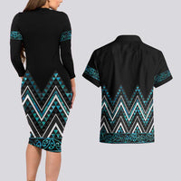 Paua Shell Aotearoa Mangopare Kowhaiwhai and Niho Taniwha Couples Matching Long Sleeve Bodycon Dress and Hawaiian Shirt Maori New Zealand LT14 - Polynesian Pride