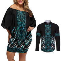 Paua Shell Aotearoa Mangopare Kowhaiwhai and Niho Taniwha Couples Matching Off Shoulder Short Dress and Long Sleeve Button Shirt Maori New Zealand LT14 Turquoise - Polynesian Pride