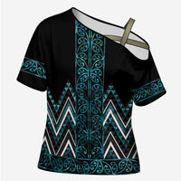 Paua Shell Aotearoa Mangopare Kowhaiwhai Niho Taniwha Cross Shoulder Shirt Maori New Zealand LT14 Female Turquoise - Polynesian Pride