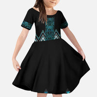 Paua Shell Aotearoa Mangopare Kowhaiwhai and Niho Taniwha Kid Short Sleeve Dress Maori New Zealand LT14 KID Turquoise - Polynesian Pride