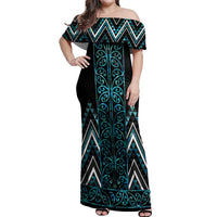 Paua Shell Aotearoa Mangopare Kowhaiwhai and Niho Taniwha Off Shoulder Maxi Dress Maori New Zealand LT14 Women Turquoise - Polynesian Pride