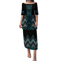 Paua Shell Aotearoa Mangopare Kowhaiwhai and Niho Taniwha Puletasi Maori New Zealand LT14 Long Dress Turquoise - Polynesian Pride