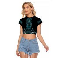 Paua Shell Aotearoa Mangopare Kowhaiwhai and Niho Taniwha Raglan Cropped T Shirt Maori New Zealand LT14 Female Turquoise - Polynesian Pride