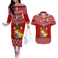 Tonga Rugby Couples Matching Off The Shoulder Long Sleeve Dress and Hawaiian Shirt 2023 World Cup Tongan Kupesi Ngatu Pattern LT14 Red - Polynesian Pride
