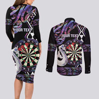 Personalised New Zealand Darts Couples Matching Long Sleeve Bodycon Dress and Long Sleeve Button Shirt Ngutukaka Manaia Taniko Luxury Purple LT14 - Polynesian Pride