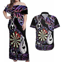Personalised New Zealand Darts Couples Matching Off Shoulder Maxi Dress and Hawaiian Shirt Ngutukaka Manaia Taniko Luxury Purple LT14 Purple - Polynesian Pride