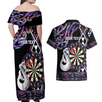 Personalised New Zealand Darts Couples Matching Off Shoulder Maxi Dress and Hawaiian Shirt Ngutukaka Manaia Taniko Luxury Purple LT14 - Polynesian Pride