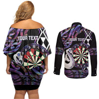 Personalised New Zealand Darts Couples Matching Off Shoulder Short Dress and Long Sleeve Button Shirt Ngutukaka Manaia Taniko Luxury Purple LT14 - Polynesian Pride