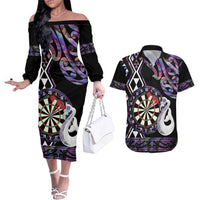 Personalised New Zealand Darts Couples Matching Off The Shoulder Long Sleeve Dress and Hawaiian Shirt Ngutukaka Manaia Taniko Luxury Purple LT14 Purple - Polynesian Pride