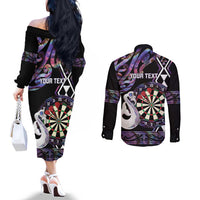 Personalised New Zealand Darts Couples Matching Off The Shoulder Long Sleeve Dress and Long Sleeve Button Shirt Ngutukaka Manaia Taniko Luxury Purple LT14 - Polynesian Pride