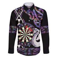 Personalised New Zealand Darts Family Matching Off Shoulder Short Dress and Hawaiian Shirt Ngutukaka Manaia Taniko Luxury Purple LT14 Dad's Shirt - Long Sleeve Purple - Polynesian Pride