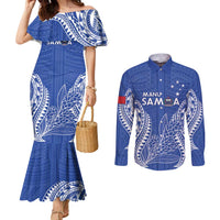 Custom Manu Samoa Rugby 2024 Couples Matching Mermaid Dress and Long Sleeve Button Shirt Go Champions Samoan Tattoo LT14 Blue - Polynesian Pride
