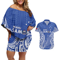Custom Manu Samoa Rugby 2024 Couples Matching Off Shoulder Short Dress and Hawaiian Shirt Go Champions Samoan Tattoo LT14 Blue - Polynesian Pride