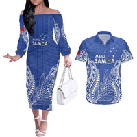 Custom Manu Samoa Rugby 2024 Couples Matching Off The Shoulder Long Sleeve Dress and Hawaiian Shirt Go Champions Samoan Tattoo LT14 Blue - Polynesian Pride