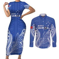 Custom Manu Samoa Rugby 2024 Couples Matching Short Sleeve Bodycon Dress and Long Sleeve Button Shirt Go Champions Samoan Tattoo LT14 Blue - Polynesian Pride