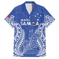 Custom Manu Samoa Rugby 2024 Family Matching Off Shoulder Short Dress and Hawaiian Shirt Go Champions Samoan Tattoo LT14 Dad's Shirt - Short Sleeve Blue - Polynesian Pride