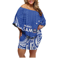 Custom Manu Samoa Rugby 2024 Family Matching Off Shoulder Short Dress and Hawaiian Shirt Go Champions Samoan Tattoo LT14 Mom's Dress Blue - Polynesian Pride