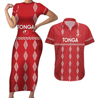 Custom Tonga Rugby 2024 Couples Matching Short Sleeve Bodycon Dress and Hawaiian Shirt Go Champions Ikale Tahi Ngatu Pattern LT14 Red - Polynesian Pride