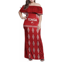 Custom Tonga Rugby 2024 Family Matching Off Shoulder Maxi Dress and Hawaiian Shirt Go Champions Ikale Tahi Ngatu Pattern LT14 Mom's Dress Red - Polynesian Pride