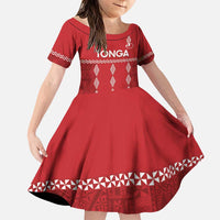Custom Tonga Rugby 2024 Family Matching Puletasi and Hawaiian Shirt Go Champions Ikale Tahi Ngatu Pattern LT14 Daughter's Dress Red - Polynesian Pride