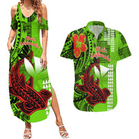 Personalised Hawaii Christmas Couples Matching Summer Maxi Dress and Hawaiian Shirt Mele Kalikimaka Kakau Polynesian Shark Tattoo LT14 Green - Polynesian Pride